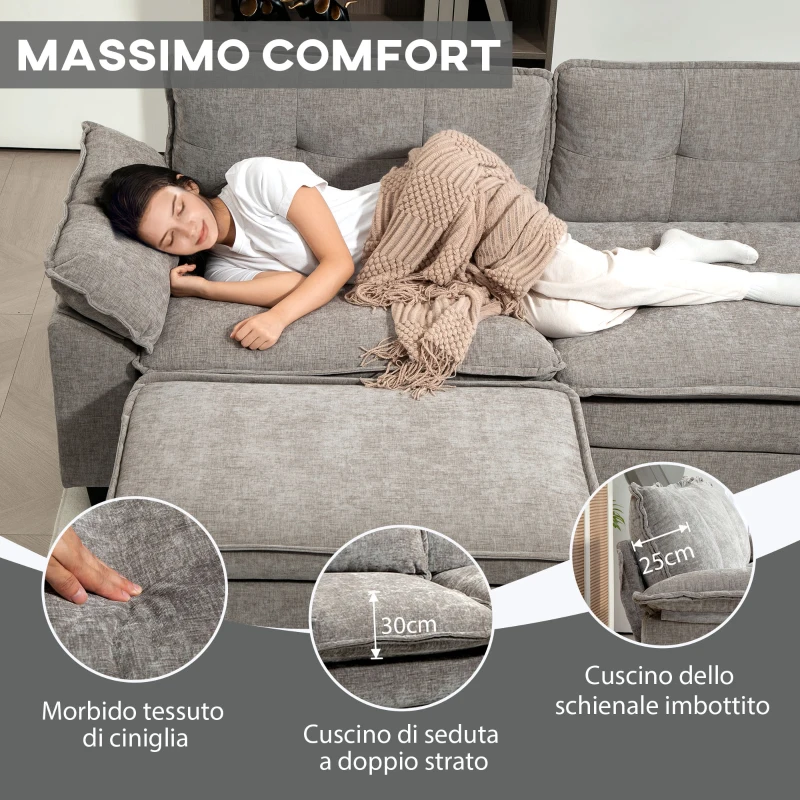 HOMCOM Divano Angolare Modulare con Chaise Longue, Pouf Contenitore e Rivestimento in Ciniglia, Grigio