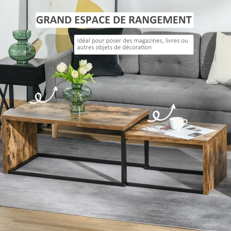 HOMCOM Lot de 2 Tables Basses gigognes Design Industriel encastrable dim. Grande Table 90L x 48l x 42H cm métal Noir Aspect Vieux Bois