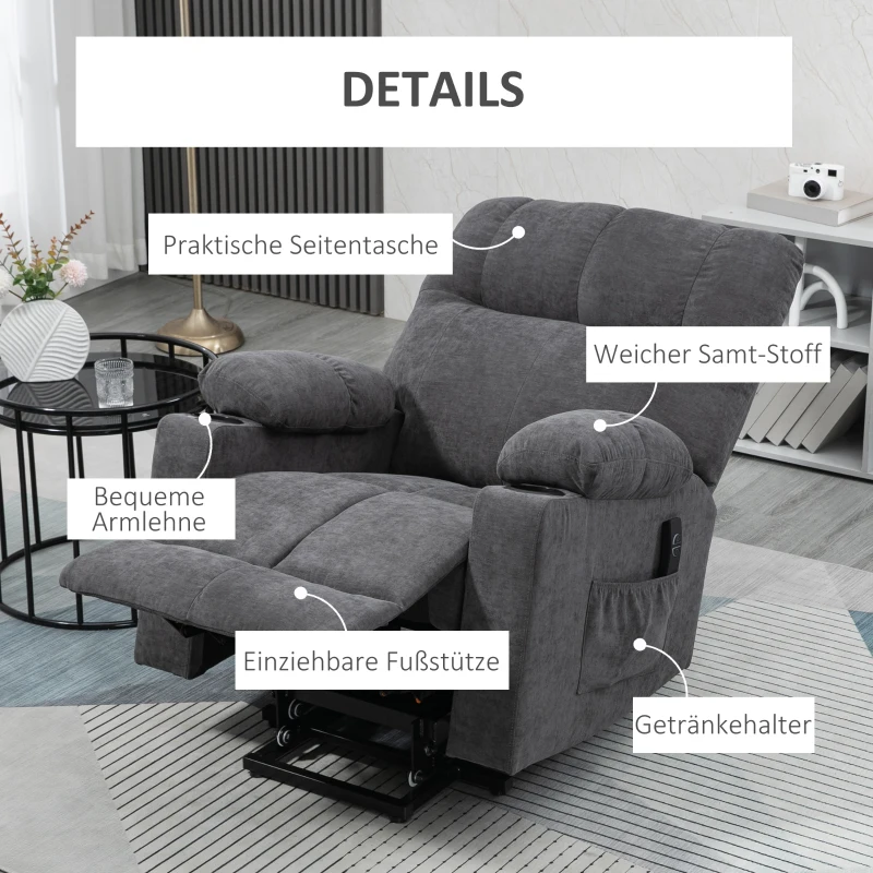 HOMCOM Aufstehhilfe Seniorensessel, Liegefunktion, inkl. Fernbedienung, 144 cm x 91 cm x 88 cm, Dunkelgrau