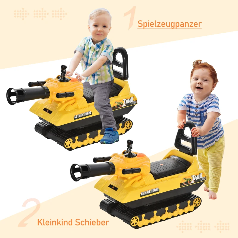 HOMCOM Sitzbagger für Kinder Spielzeugauto für 3 Jahre Kinder Rutscherauto Laufrad Panzer mit Stauraum Bälle Gelb+Schwarz, 68 x 24 x 41,5 cm