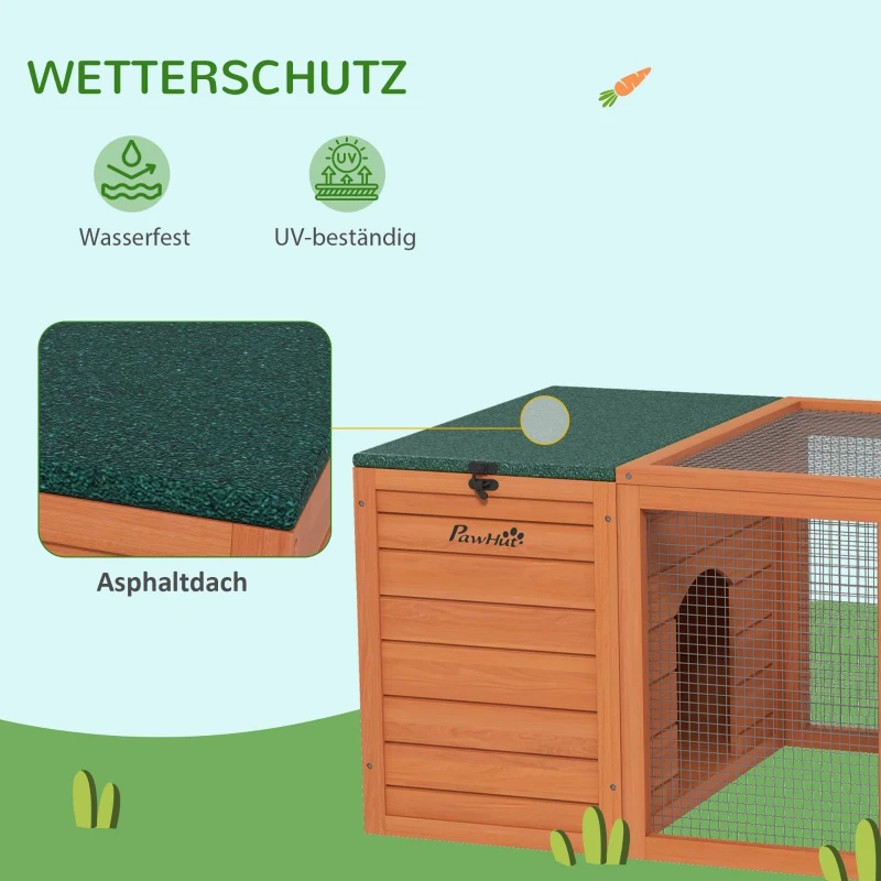 PawHut Kleintierstall, Zwergkaninchenstall, 2 Ställe, 1 Auslauf, wetterbeständig, 140 cm x 60 cm x 50 cm, Grün + Orange
