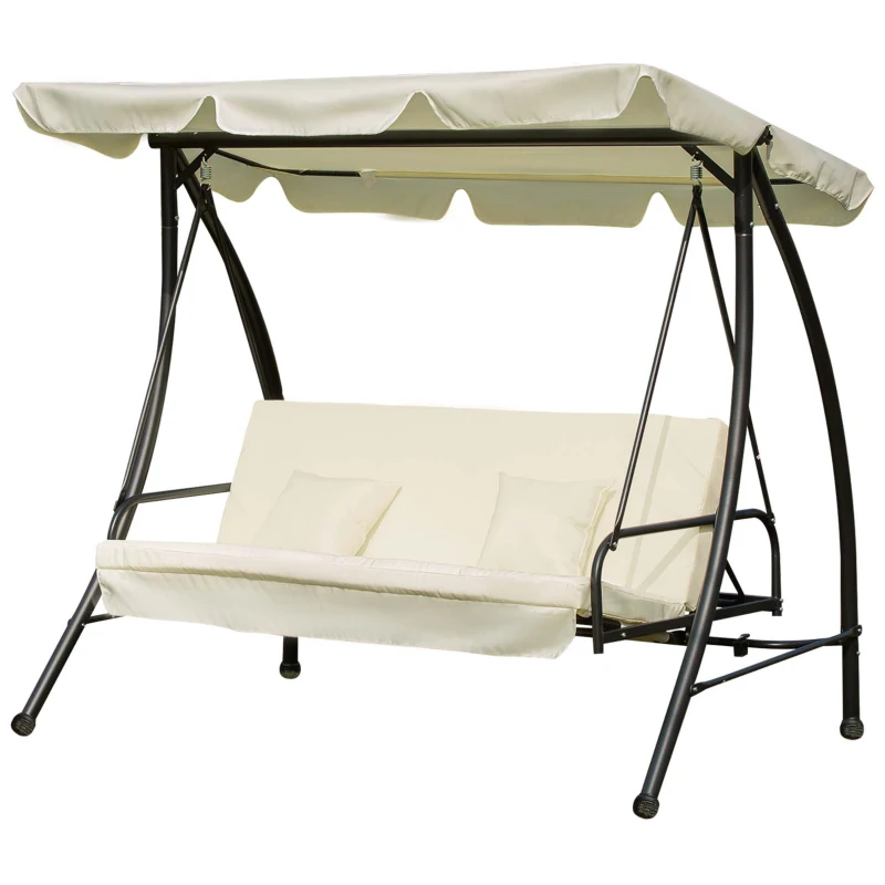 Outsunny 3 Seater Swing Chair 2-in-1 Hammock Bed Patio Garden Swing Seat Bed with Adjustable Canopy and Cushions, Cream