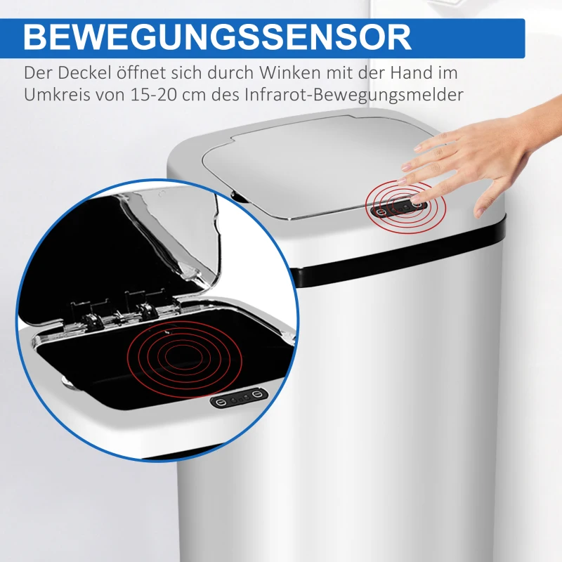 HOMCOM Sensor Mülleimer 50L Automatik Mülleimer mit Bewegungssensor, Wasserdichter Abfalleimer für Büro, Schlafzimmer, Küchen Edelstahl Silber