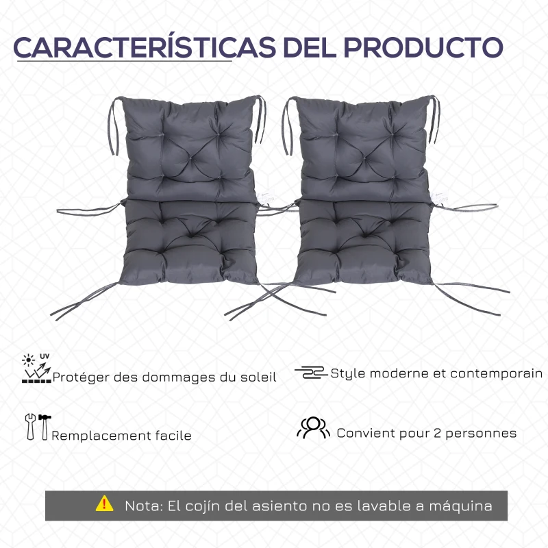 Outsunny Conjunto de 2 Cojines para Silla 50x98x8 cm con Respaldo 6 Cordones de Fijación para Jardín Terraza Balcón Gris Oscuro