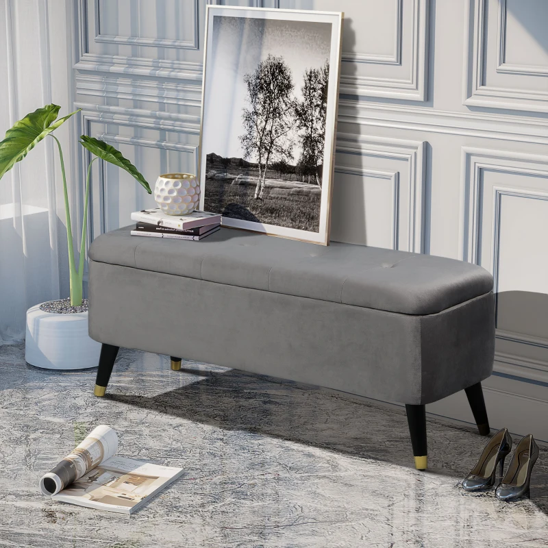 HOMCOM Banc de rangement, bout de lit, coffre de rangement, repose-pieds en velours côtelé avec couvercle, pour salon, chambre, entrée, 117 x 44 x 50 cm, gris