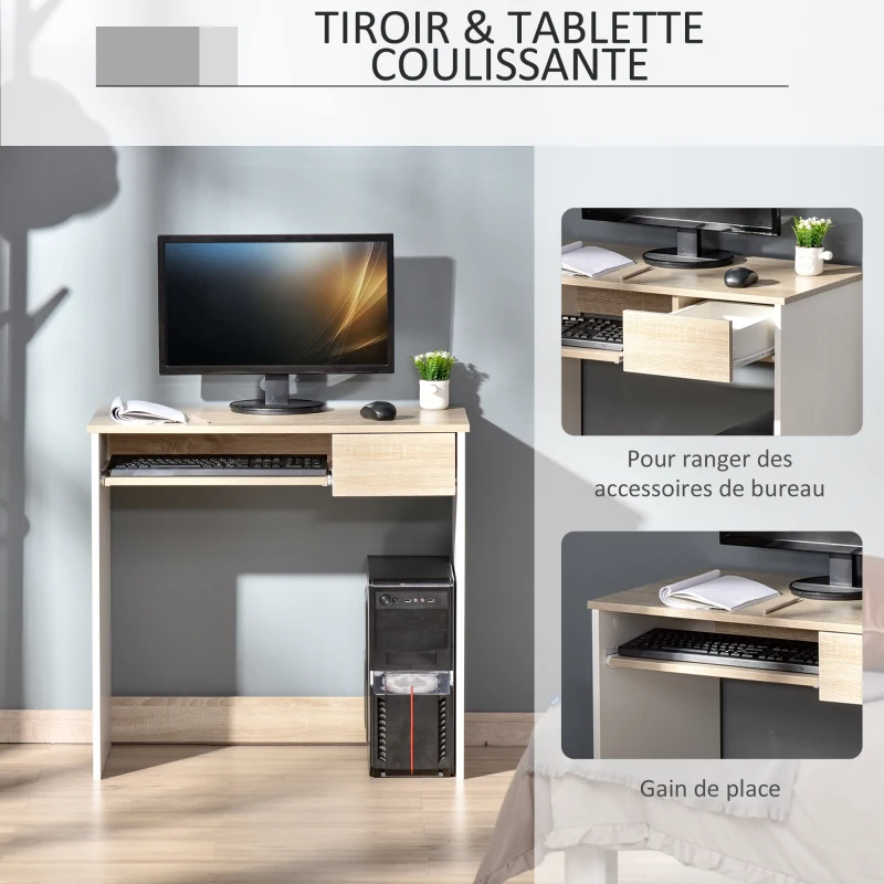 HOMCOM Bureau secrétaire bureau informatique simple pour enfant avec tablette clavier et tiroir coulissant chêne clair blanc