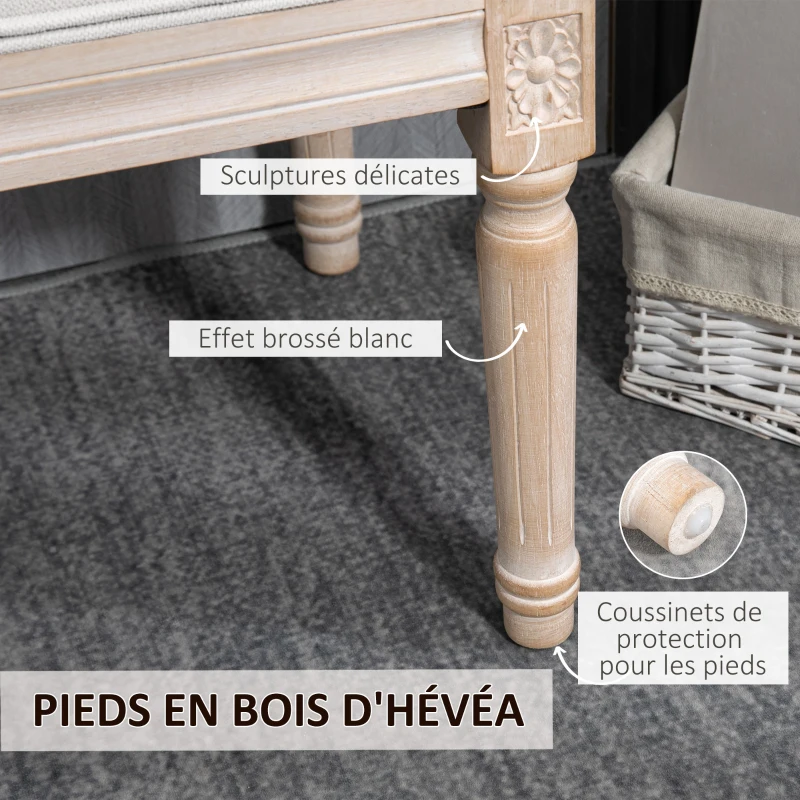 HOMCOM Banc bout de lit banquette capitonnée style vintage français revêtement tissu aspect lin pieds en bois massif crème
