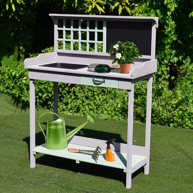 HOMCOM Table de rempotage multi-équipée table de jardinage avec tiroir, étagère, évier dim. 92L x 42,5l x 119,5H cm bois massif pré-huilé gris vert menthe
