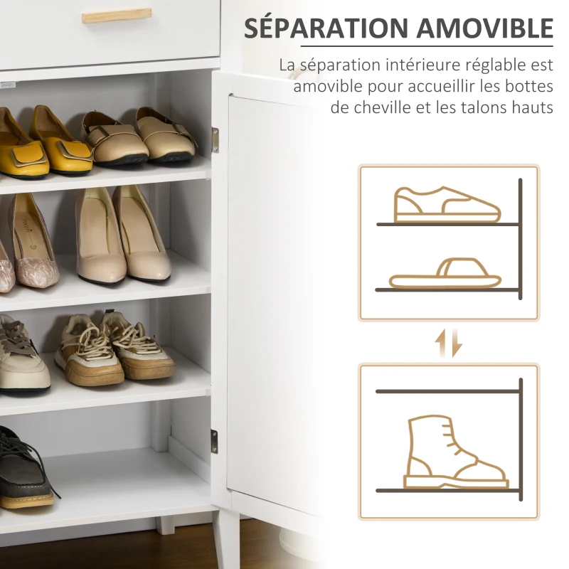 HOMCOM Lot de Banc à chaussures + Meuble à chaussures - meuble de rangement pour l'entrée - 2 portes effet cannage - blanc