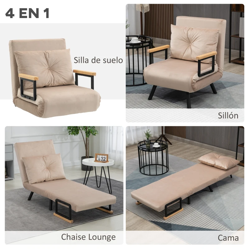 HOMCOM Sofá Cama Individual Plegable Silla Cama Convertible 4 en 1 Respaldo Ajustable de 5 Niveles y Almohada 63x73x81 cm Beige