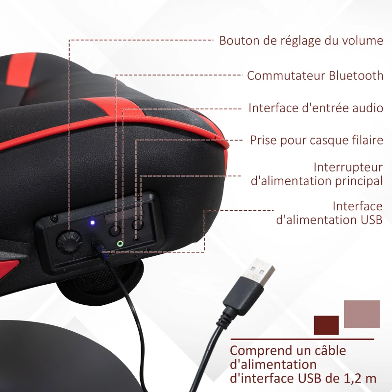 Vinsetto Chaise de gaming ergonomique avec 2 haut-parleurs intégrés base ronde hauteur réglable accoudoir relevable coussins têtière et lombaires PU noir et rouge