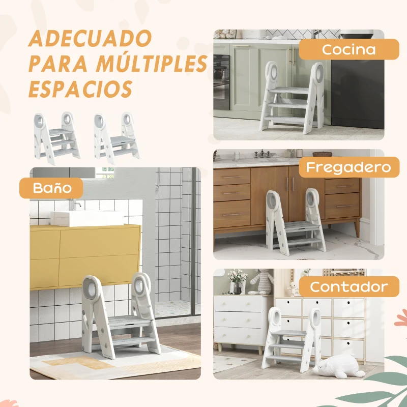 AIYAPLAY Torre de Aprendizaje Ajustable Escalera para Niños de +18 Meses Antideslizante para Baño Cocina Librería Gris y Blanco