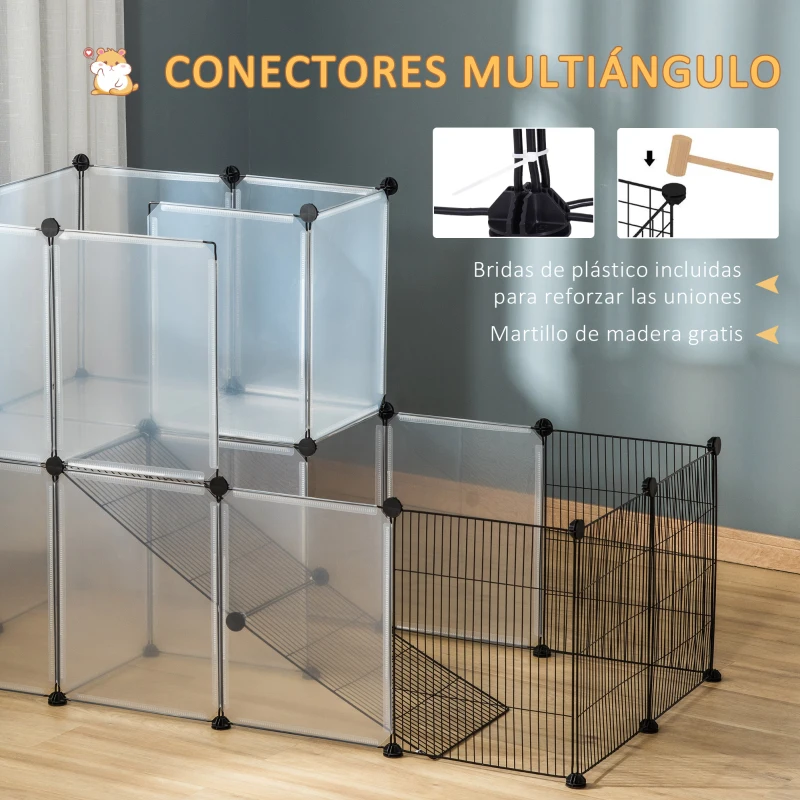 PawHut Jaula para Animales Pequeños Parque para Mascotas con 27 Paneles y Forma Personalizable para Cobayas Conejos Chinchillas 140x70x90 cm Transparente
