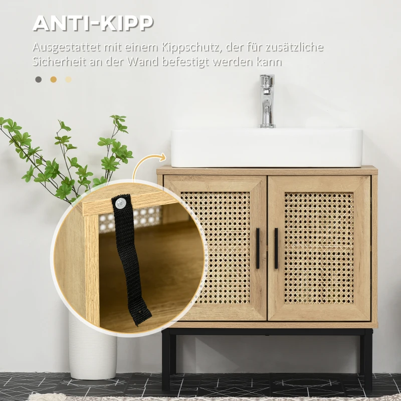 kleankin Badezimmerunterschrank, im Boho-Design, Badezimmerschrank, Rattan-Elemente, mit U-Ausschnitt, Natur
