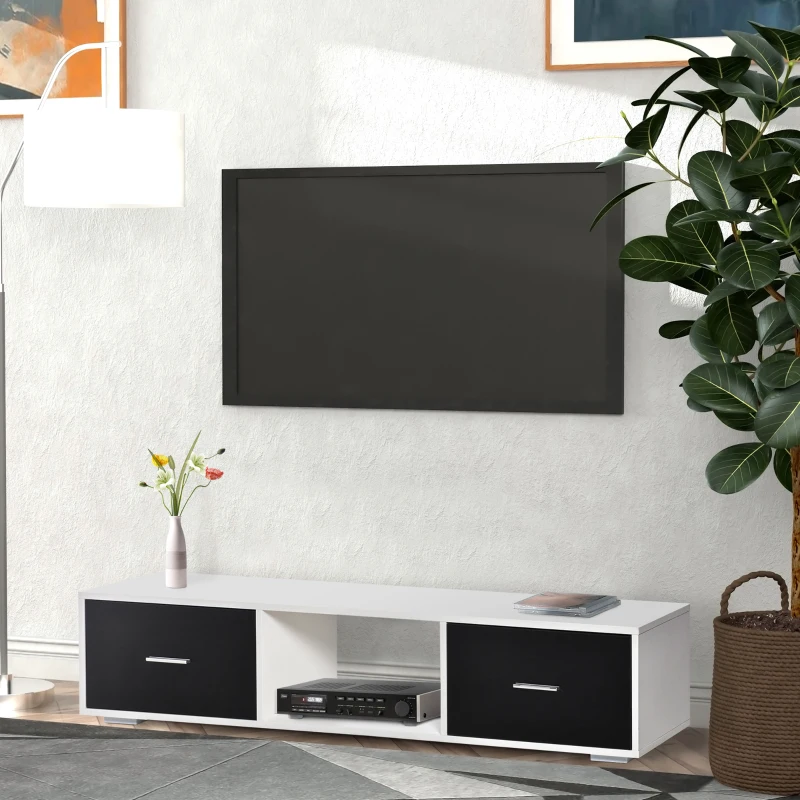 HOMCOM Mueble de TV para Televisores de hasta 60" Mesa para TV de Salón Estilo Moderno con 2 Cajones y Compartimento Abierto 140x30x32 cm Blanco y Negro