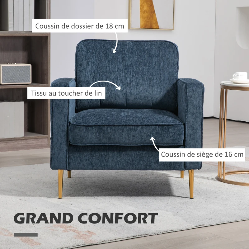 HOMCOM Fauteuil en tissu avec pieds en acier doré, grand confort, pochettes latérales, pour salon, bureau, chambre, bleu