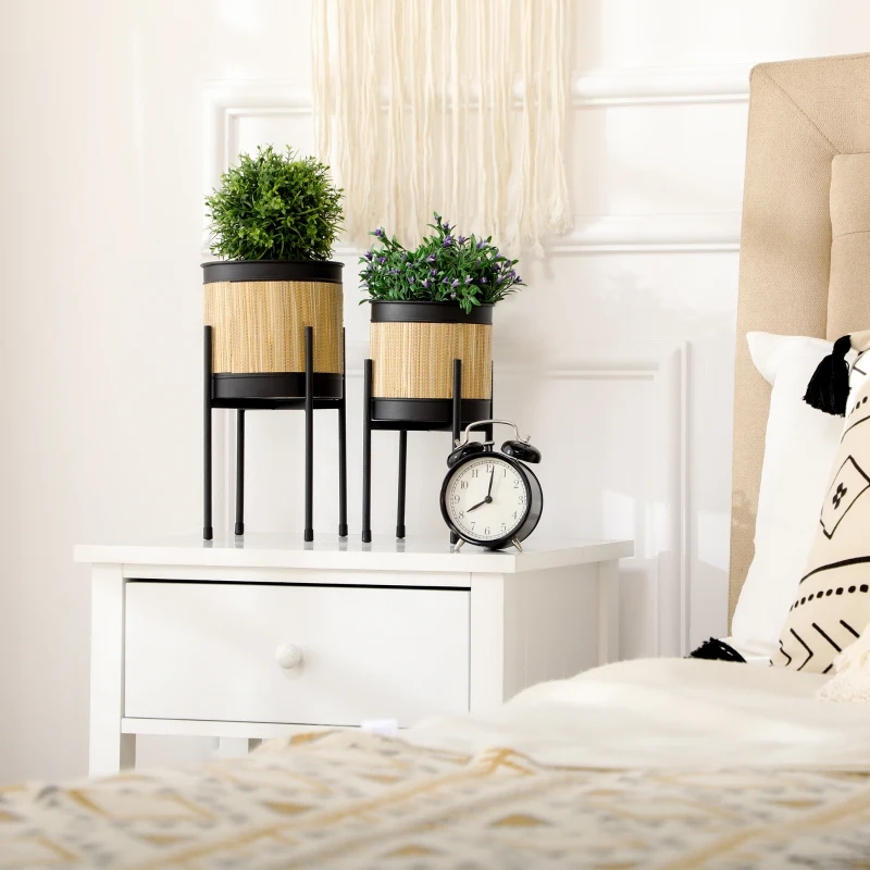 Outsunny Juego de 2 Soportes para Plantas de Metal Cubierta de Totora Maceteros para Salón Ø16x30 cm y Ø14x25,5 cm Negro