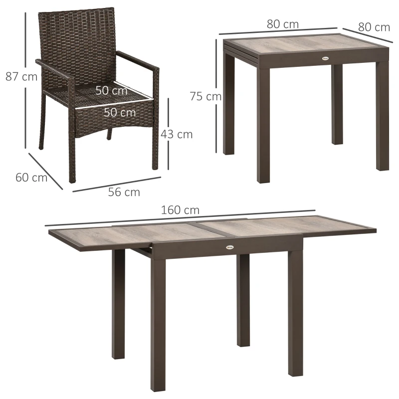 Outsunny Conjunto de Muebles de Ratán Sintético de Jardín 7 Piezas Mesa Extensible y 6 Sillas para Terraza Patio Marrón