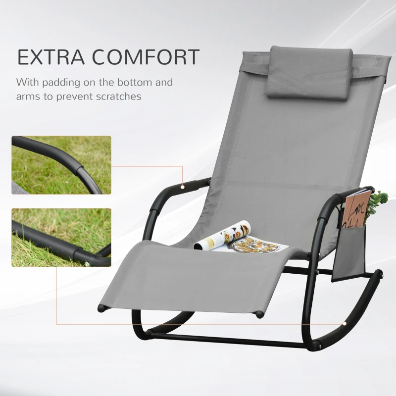 Outsunny 2PCs Outdoor Garden Rocking Chair, Patio Sun Lounger Rocker Chair with Breathable Mesh Fabric, Removable Headrest Pillow, Armrest, Side Storage Bag, Grey
