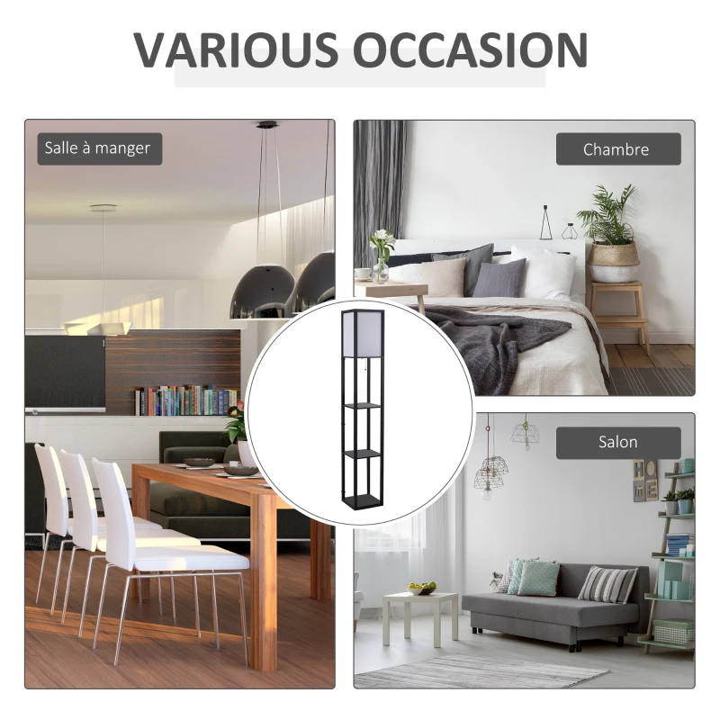 HOMCOM Lampadaire étagère 26L x 26l x 160H cm 3 étagères 4 Niveaux MDF Noir