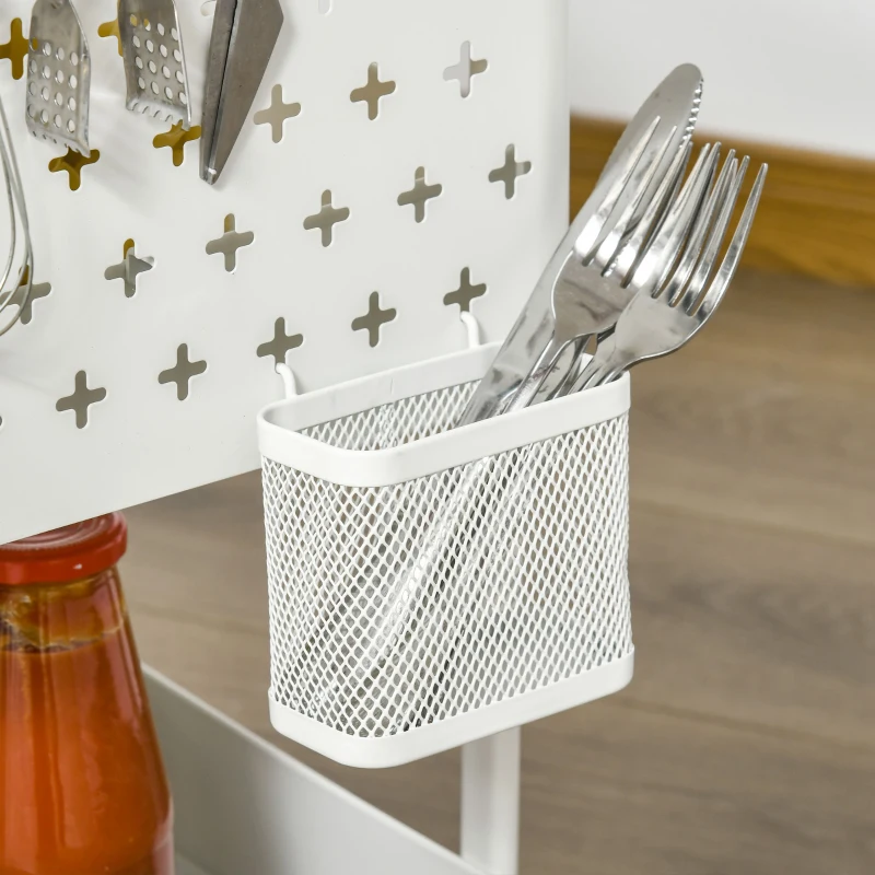 HOMCOM Carrito Auxiliar con Ruedas Carro de Almacenaje Multifuncional con 4 Ganchos y 2 Cestas Colgantes 51,5x32x75,6 cm Blanco