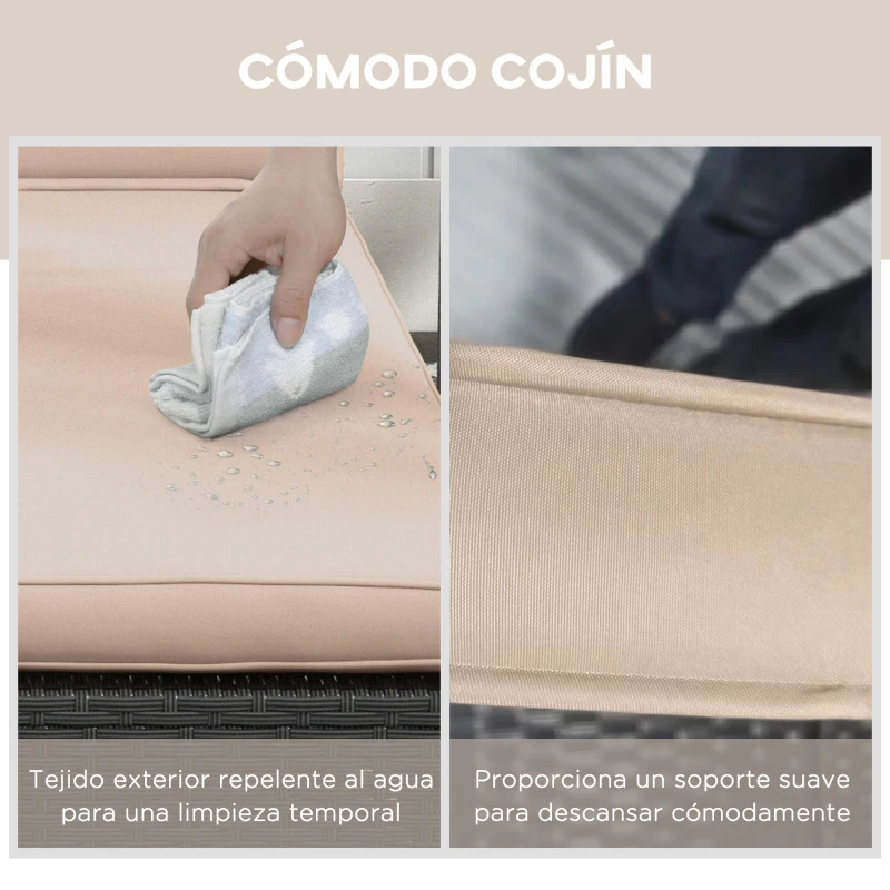 Outsunny Tumbona para Jardín de Ratán con Respaldo Ajustable en 5 Niveles Mesita y Cojín Carga 120 kg Negro y Beige