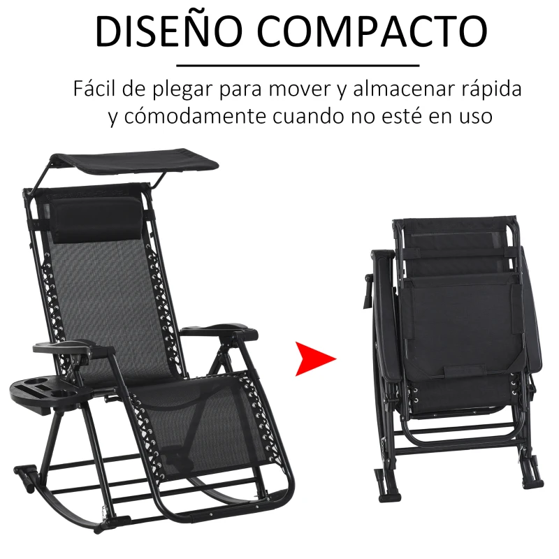 Outsunny Silla Mecedora de Jardín Plegable Tumbona Reclinable con Techo Protección Solar Reposacabezas Extraíble y Reposapiés Estructura de Acero 120x67x102 cm Negro