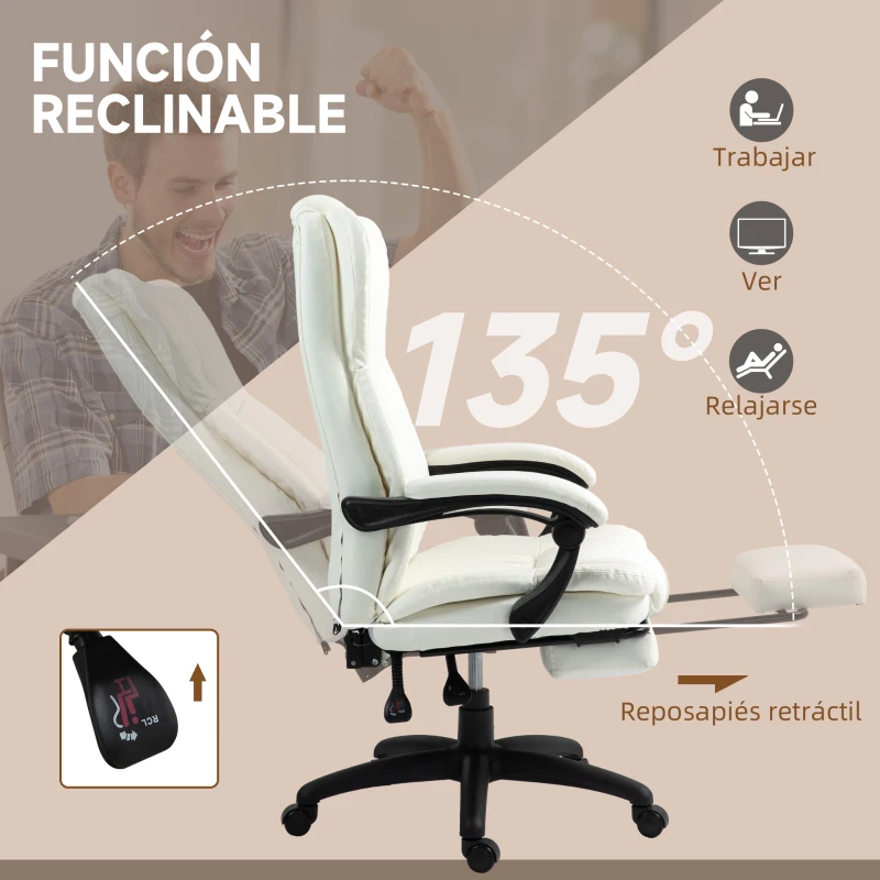 Vinsetto Silla de Masaje Reclinable con Altura Ajustable Reposapiés Retráctil y Control Remoto 68,5x68,5x113-121 cm Crema