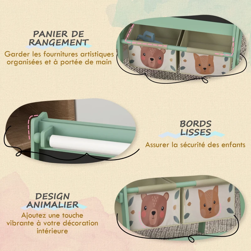 AIYAPLAY Tableau chevalet enfant ardoise double face tableau à craie rouleau papier 2 paniers 54 x 46,5 x 93 cm vert
