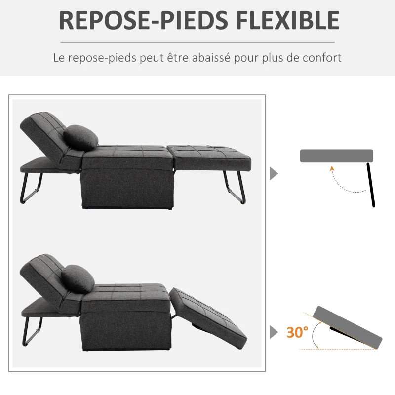 HOMCOM Chauffeuse 1 place 4 en 1 Fauteuil lit Convertible Pouf Dossier inclinable 5 Niveaux Repose-Pied Rabattable, Charge 200 Kg, châssis métal et Tissu Lin gris