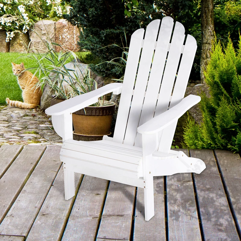 Outsunny Silla Adirondack de Madera Plegable Silla de Jardín con Reposabrazos y Respaldo Alto para Terraza Balcón Exterior Carga Max. 113 kg 73x88x93 cm Blanco