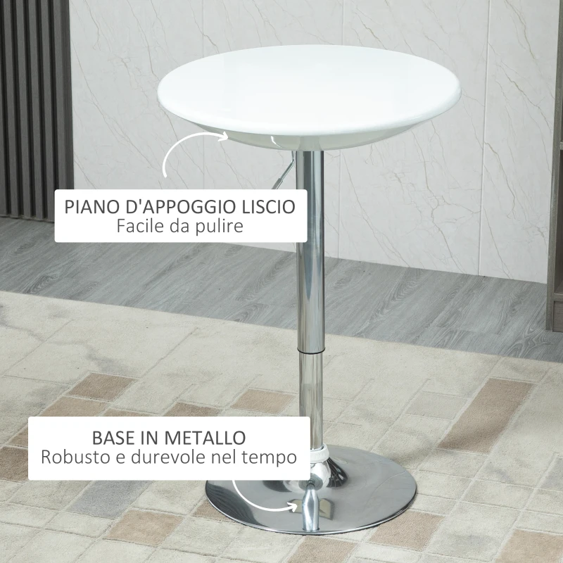 HOMCOM Tavolo Rotondo da Bar con Piano Girevole, Altezza Regolabile con Leva a Gas e Base in Acciaio, Φ61x76-97cm, Bianco