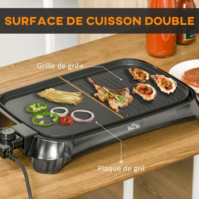 HOMCOM Plancha électrique grill sur table 2 en 1 - antiadhésif - 1600 W - thermostat réglable 5 niveaux 90°C-200°C - bac récupérateur inclus - ABS alu. noir