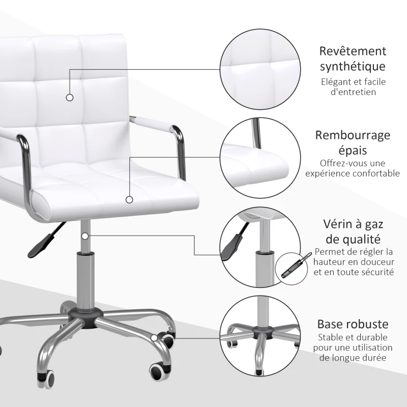 HOMCOM Lot de 2 chaises de bureau fauteuil manager pivotant hauteur réglable revêtement synthétique capitonné blanc