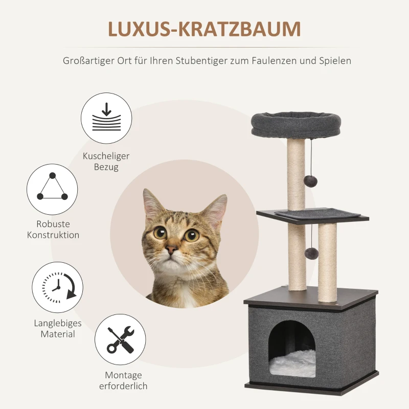 PawHut Katzenkratzbaum Katzenspielzeug Kletterbaum Spielmöglichkeiten Spielsisal Spielseil PB-Platte Sisal Dunkelgrau 40 x 40 x 104 cm