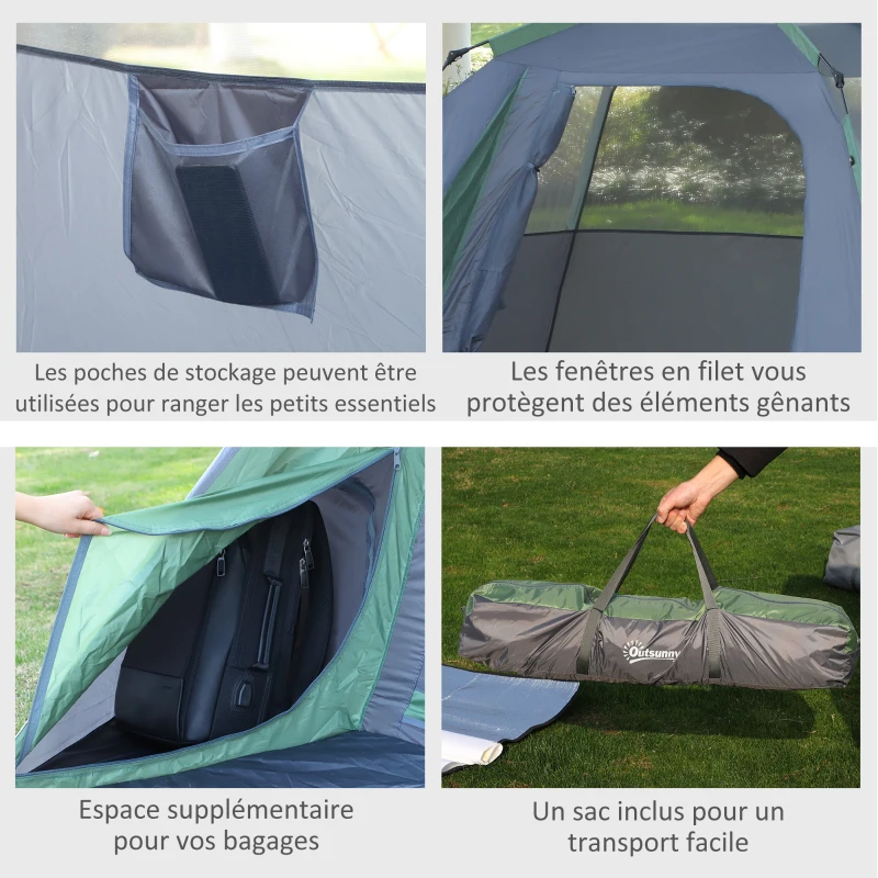 Outsunny Tente pop up tente de camping familiale 3 pers. tente dôme étanche légère ventilée facile à monter grande porte + 4 fenêtres dim. 2,5L x 1,94l x 1,6H m fibre verre polyester oxford bleu vert