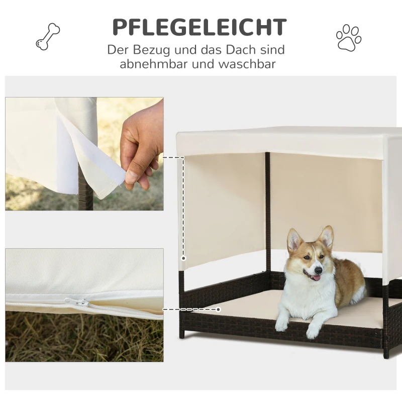 PawHut Rattan Hundehaus mit Kissen Hundebett mit Dach Hundeliege Hundehütte Haustierbett Hundesofa Kissen Stahlrahmen Kaffee+Beige 91 x 71 x 81 cm