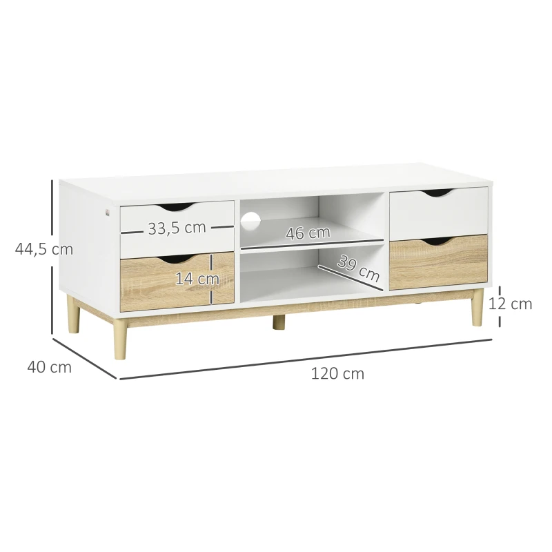 HOMCOM Mueble TV de Salón Mesa para Televisores de hasta 55" con Estantes y 4 Cajones 120x40x44,5 cm Blanco y Roble
