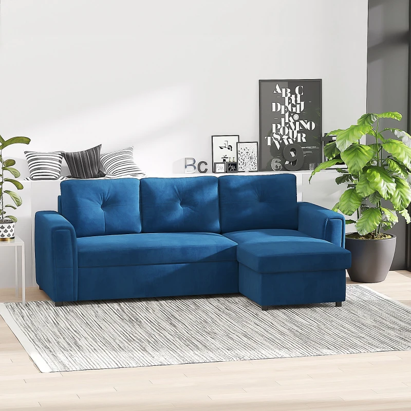 HOMCOM Divano Letto Angolare 3 Posti Effetto Velluto e Chaise Longue con Contenitore, 232x141x85cm, Blu