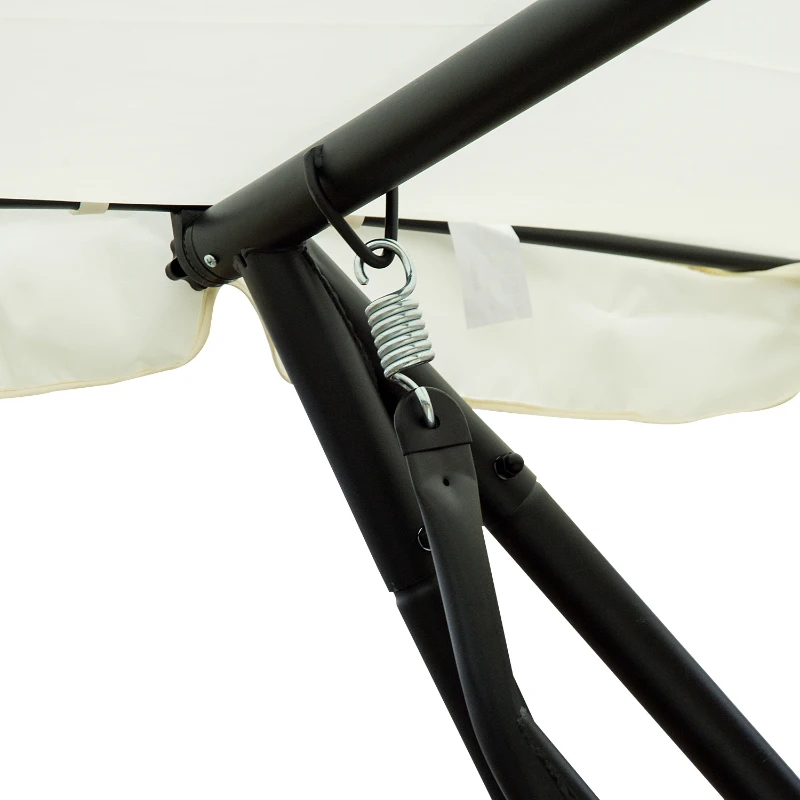 Outsunny Balancelle de Jardin 3 Places Convertible Toit Inclinaison réglable 2 tablettes Support 2L x 1,2l x 1,64H m métal époxy Noir Polyester crème