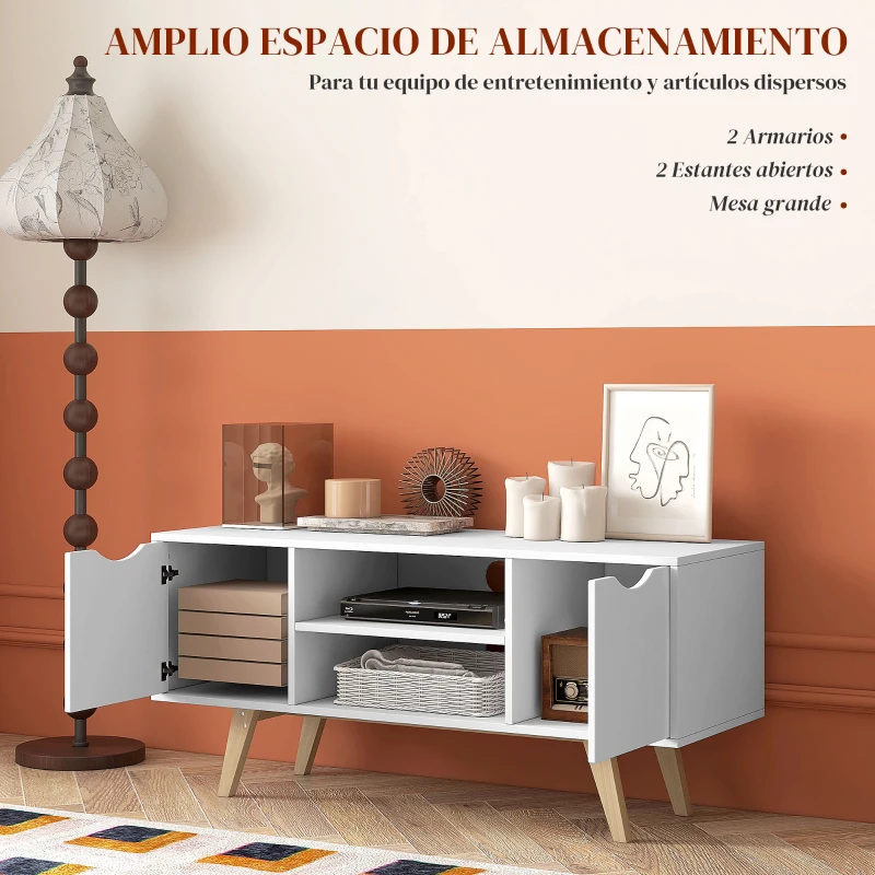HOMCOM Mueble para Televisores de 50 Pulgadas con 2 Puertas 2 Estantes Abiertos y Patas de Madera 110x39x50 cm Blanco