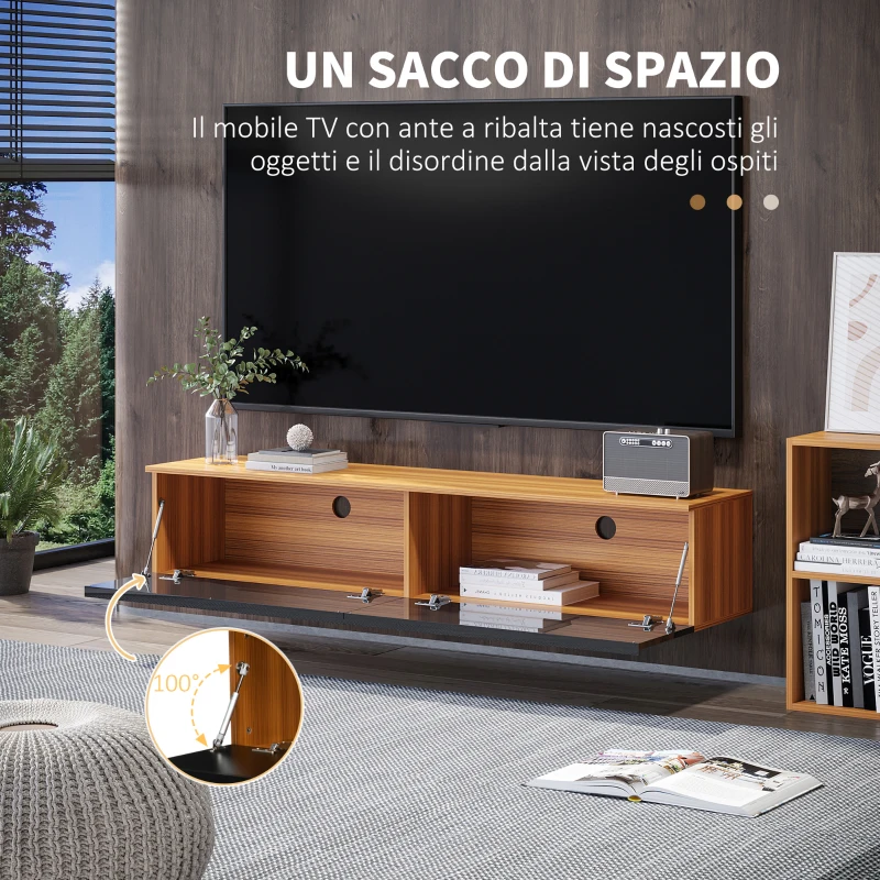 HOMCOM Mobile TV con Design Lucido a Parete e Credenze Chiuse, in Truciolato, 160x35x30 cm, Marrone e Nero