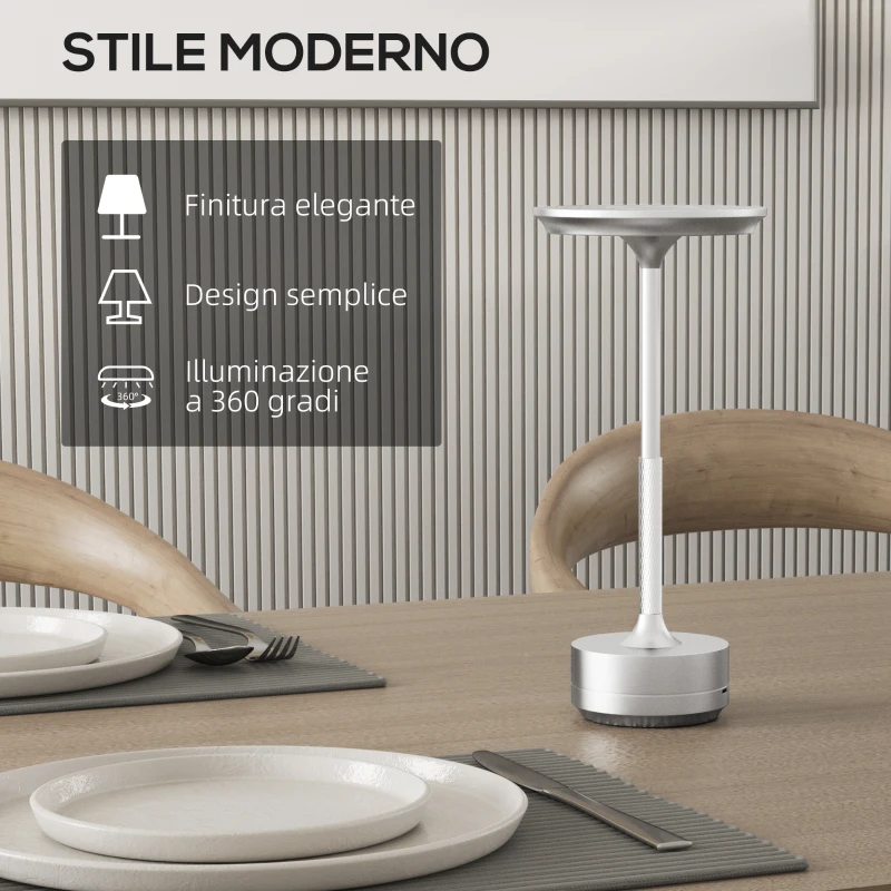 HOMCOM Lampada Senza Filo Touch Luce LED 3 Tonalità e Batteria Ricaricabile, Ø13x28.5cm, Argento