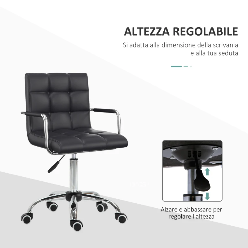 HOMCOM Sedia da Ufficio Ergonomica in pelle PU Nero, Sedia da Studio con 5 Ruote Girevoli, Imbottitura e Altezza Regolabile, 52.5x54x84-99cm