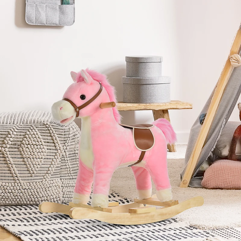 HOMCOM Kids Plush Rocking Horse w/ Sound Moving Mouth Wagging Tail Children Rocker Ride On Toy Gift 3-6 Years Pink