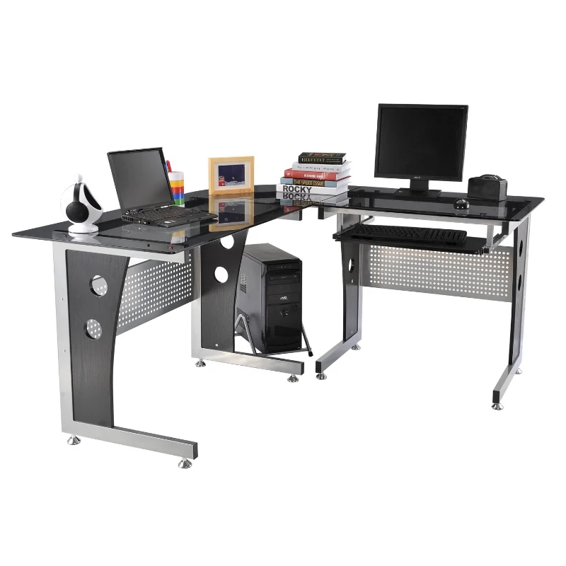 HOMCOM Bureau d'Angle en Verre Fumé Trempé Noir