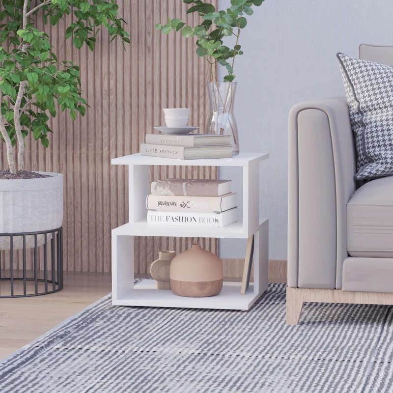 HOMCOM Mesa de Centro Mesita de Noche Mesita Auxiliar de 2 Niveles con Estante de Almacenamiento para Salón 40x40x43cm Blanco