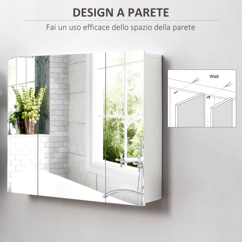kleankin Armadietto Bagno con 3 Ante Specchiate e Ripiani Regolabili, 70x15x60cm, Bianco