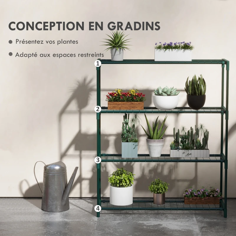 Outsunny Étagère à fleurs supports porte plante 4 niveaux, intérieur et extérieur en acier, dim. 89L x 28l x 107H cm, vert