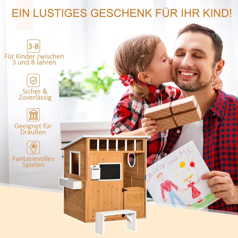 Outsunny Kinderspielhaus aus Naturholz, mit Briefkasten und Blumenkasten, Braun + Weiß